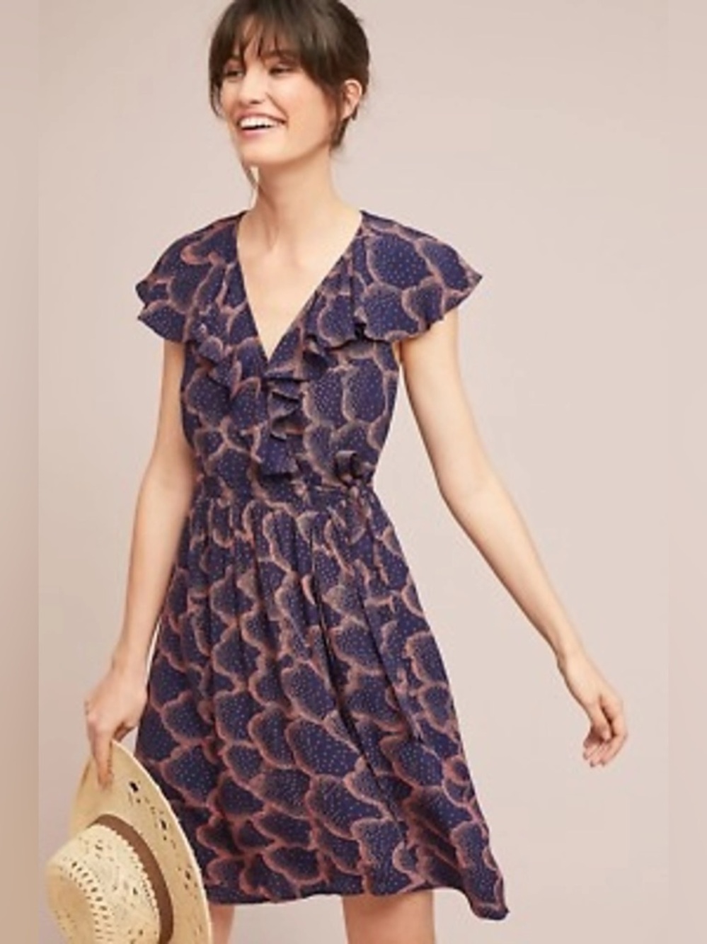 Anthropologie Navy Midi Dress with Pink Abstract Print